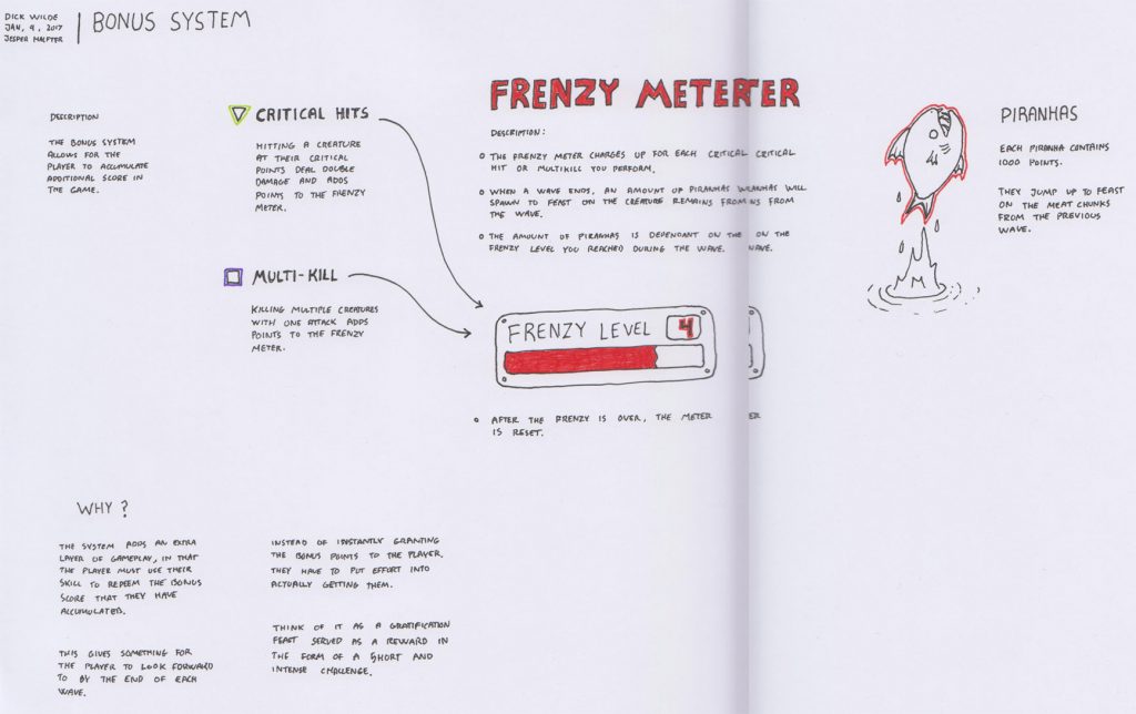 Concept for a frenzy meter. The idea was the player was supposed to keep the frenzy meter going for as long as possible to earn maximum points. The system however created situations where players would avoid shooting at targets to save them until the timer was about to run out. This conflicted with the idea that we always wanted players to compete on killing things as fast and effectively as possible.