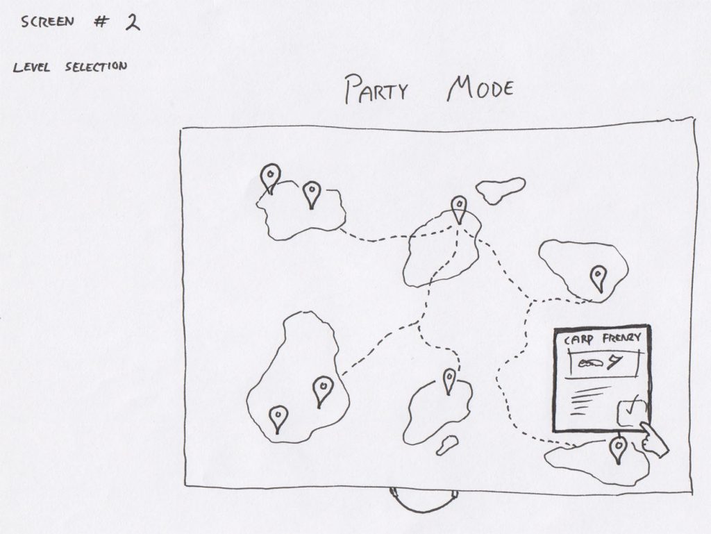 Early draft of the game laid out on a map on which the player would travel around to the different locations.