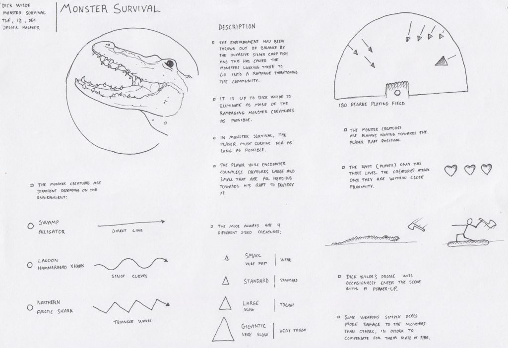Early enemy concept of the mutant alligators. The sketch shows different movement patterns that didn't make it to the final version.